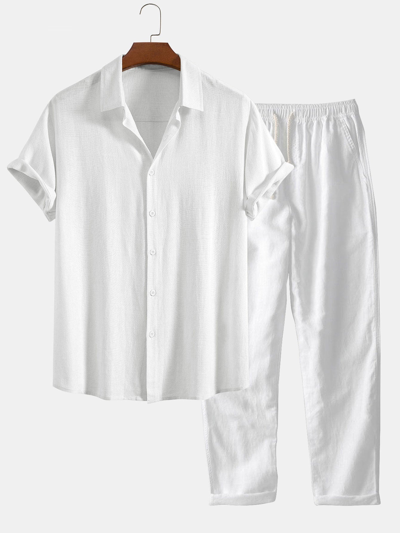 Linen Rayon Blend Button Up Shirt & Straight Leg Linen Pants - white / S - Two Pieces Outfits