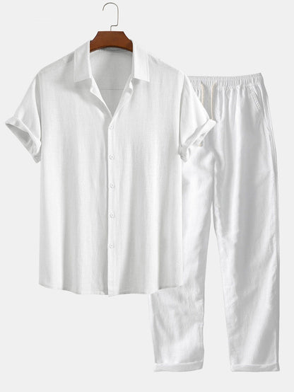 Linen Rayon Blend Button Up Shirt & Straight Leg Linen Pants - white / S - Two Pieces Outfits