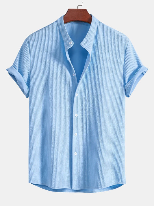 Muscle Fit Ribbed Stand Collar Shirt - lightblue / S - Shirts