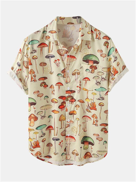 Mushroom Print Short Sleeve Shirts - yellow / S - Shirts