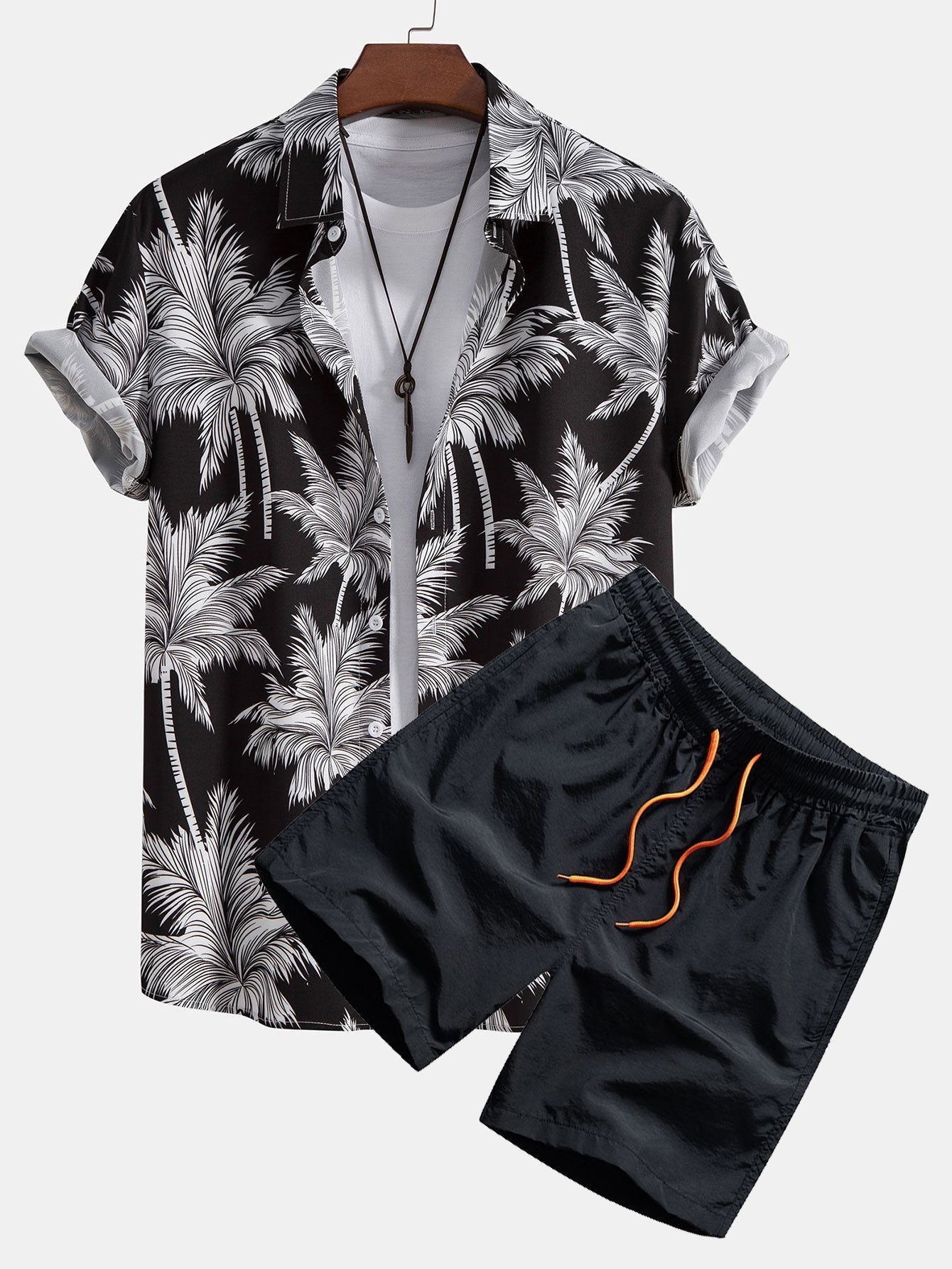 Palm Tree Print Button Up Shirt & Swim Short - black / S - Two Pieces Outfits