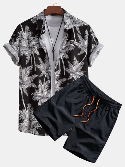 Palm Tree Print Button Up Shirt & Swim Short - black / S - Two Pieces Outfits