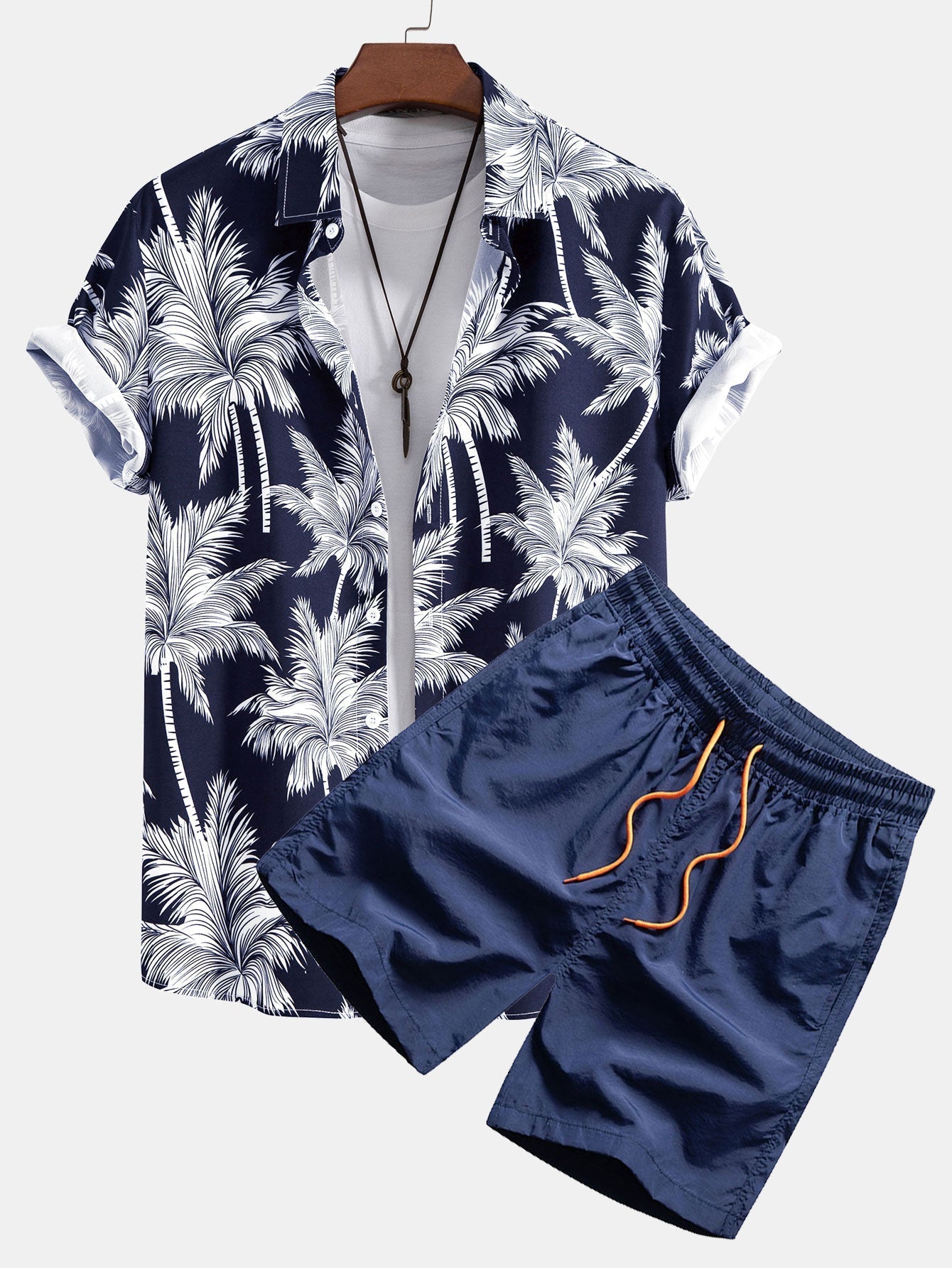Palm Tree Print Button Up Shirt & Swim Short - navy / S - Two Pieces Outfits