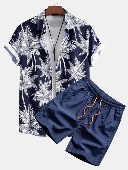 Palm Tree Print Button Up Shirt & Swim Short - navy / S - Two Pieces Outfits
