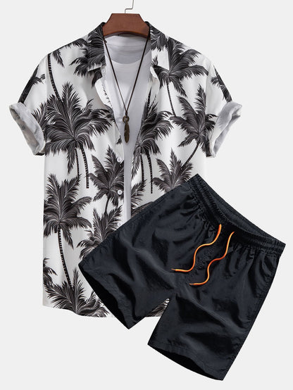 Palm Tree Print Button Up Shirt & Swim Short - white & black / S - Two Pieces Outfits