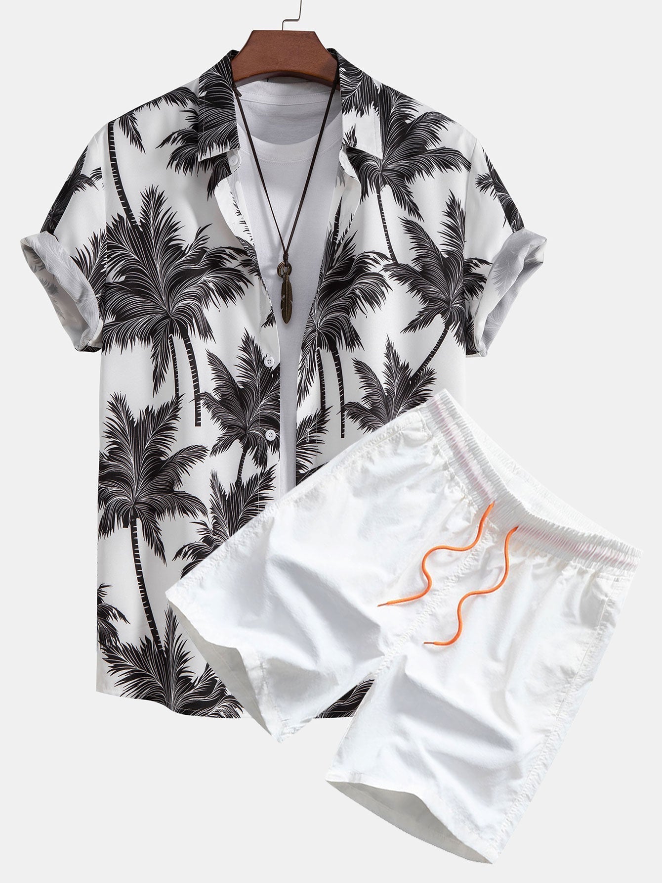 Palm Tree Print Button Up Shirt & Swim Short - white / S - Two Pieces Outfits