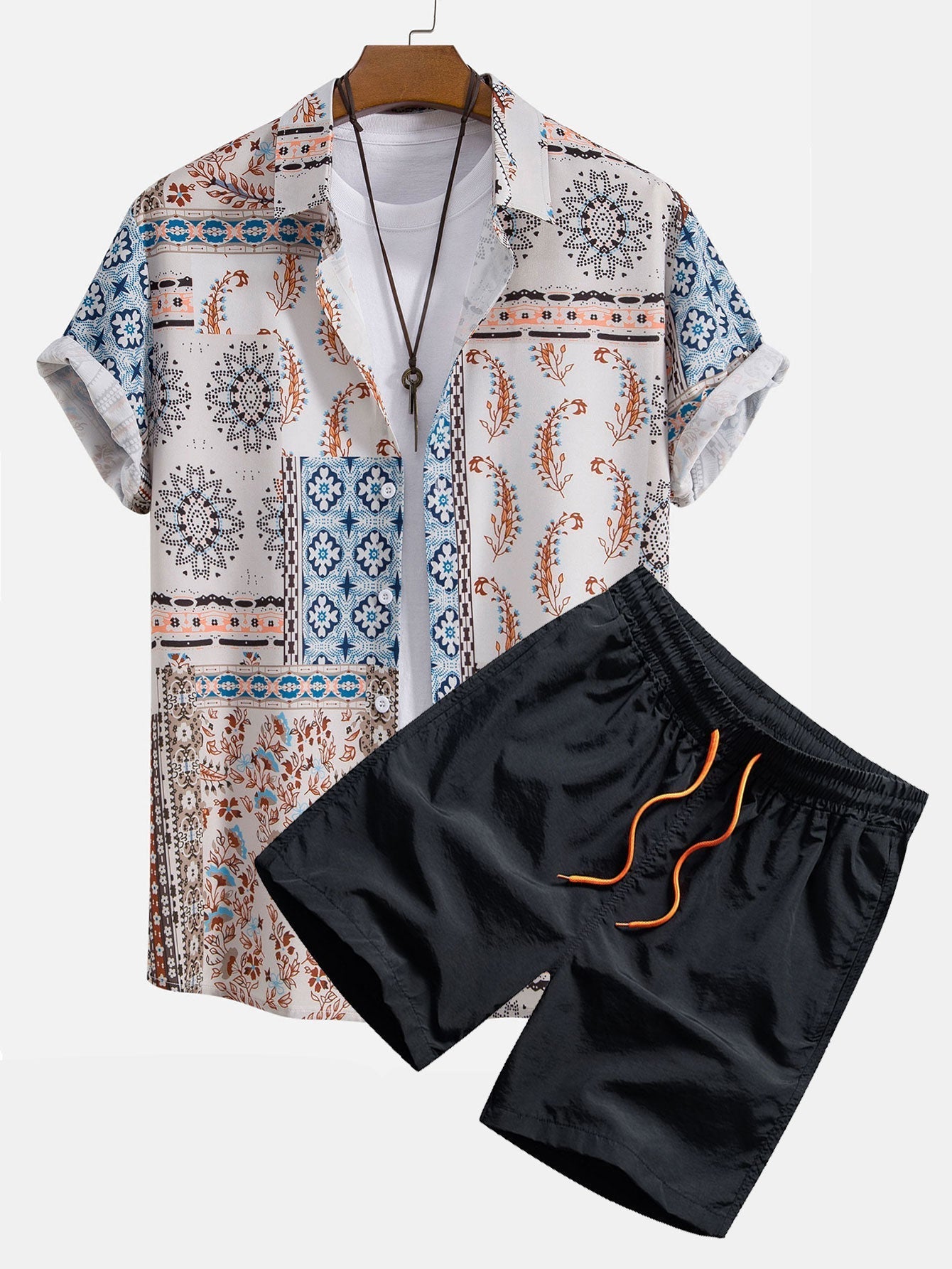 Scarf Print Button Up Shirt & Swim Shorts - tan / S - Two Pieces Outfits