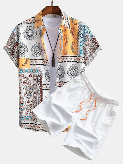 Scarf Print Button Up Shirt & Swim Shorts - white / S - Two Pieces Outfits