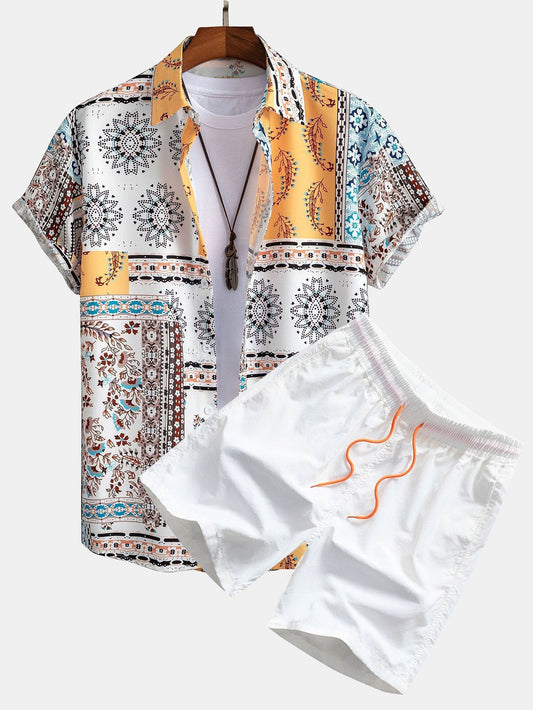 Scarf Print Button Up Shirt & Swim Shorts - white / S - Two Pieces Outfits