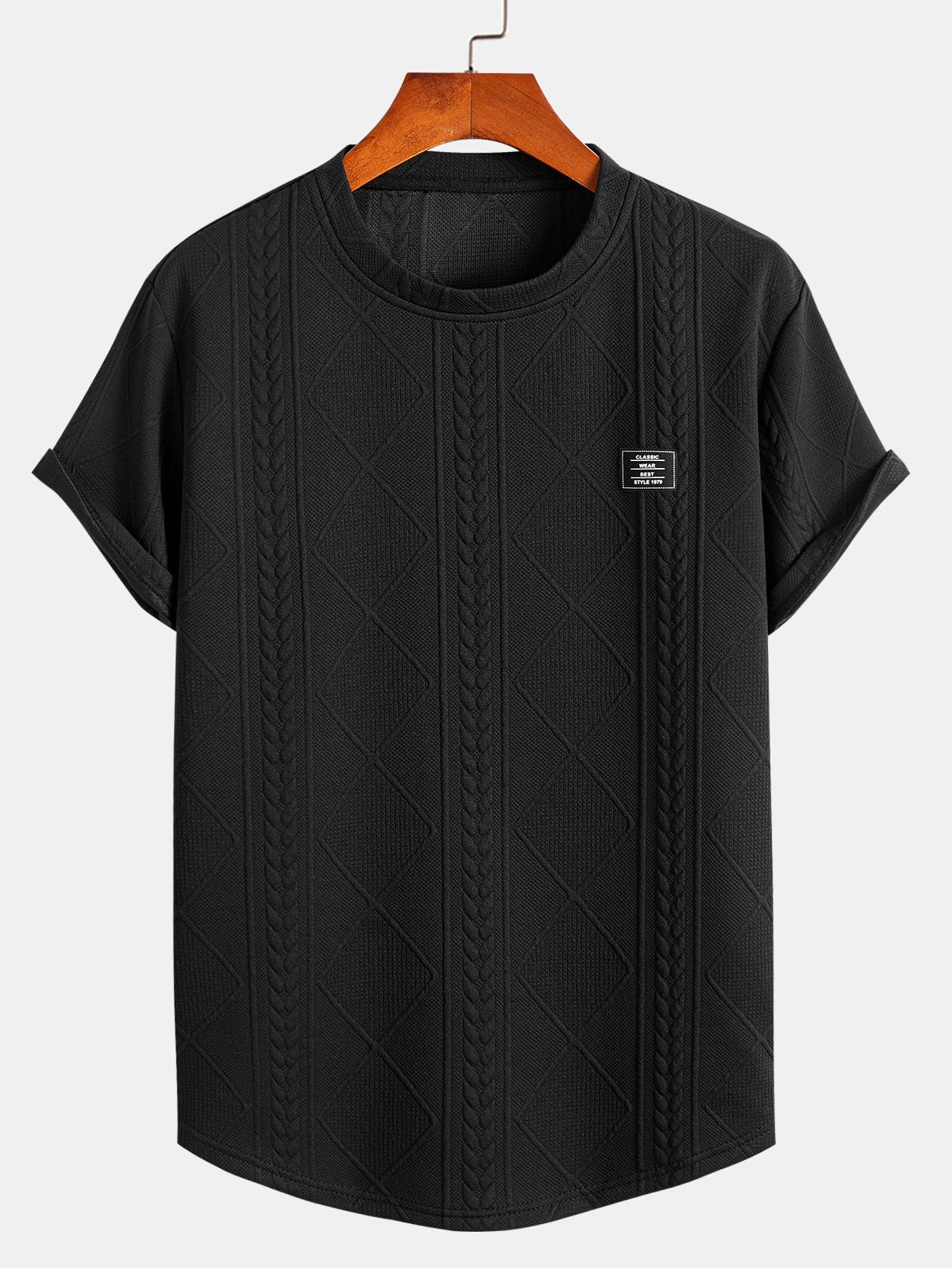 Short Sleeve Geometric Jacquard Arc Hem T-Shirt - black / S - T-Shirts