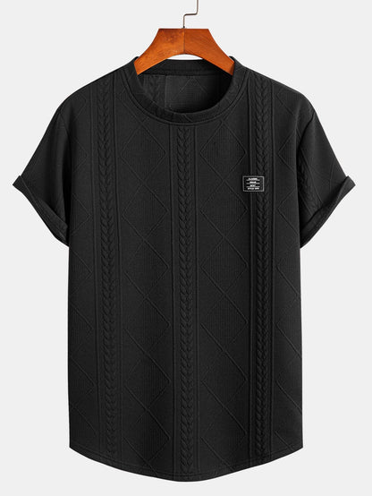 Short Sleeve Geometric Jacquard Arc Hem T-Shirt - black / S - T-Shirts