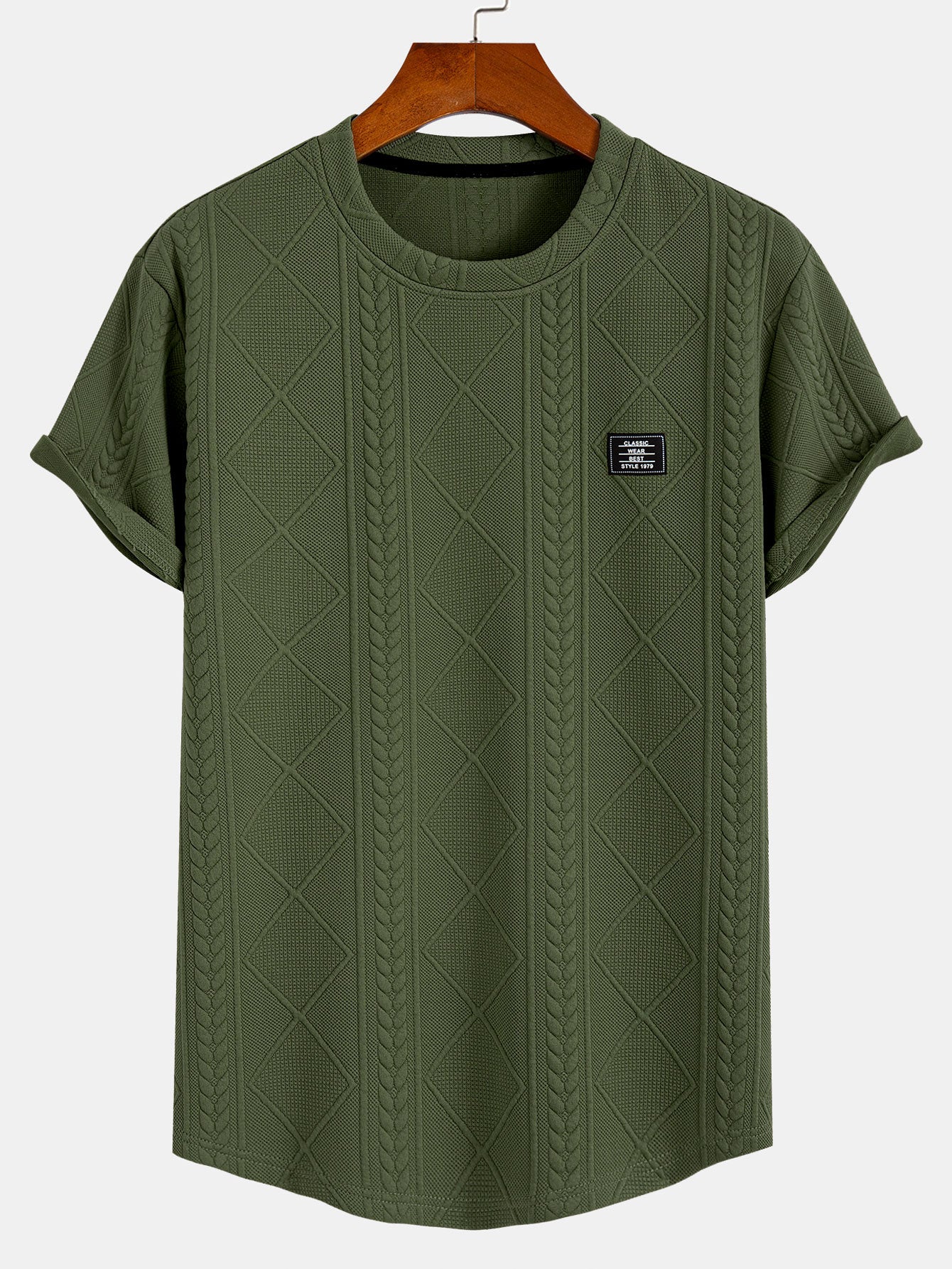 Short Sleeve Geometric Jacquard Arc Hem T-Shirt - darkgreen / S - T-Shirts