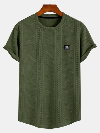 Short Sleeve Geometric Jacquard Arc Hem T-Shirt - darkgreen / S - T-Shirts