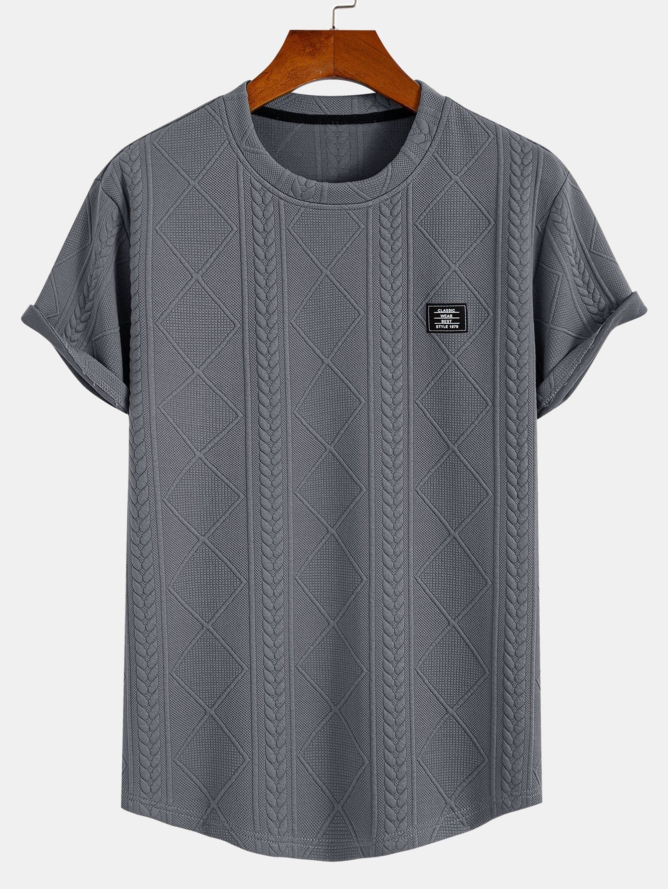 Short Sleeve Geometric Jacquard Arc Hem T-Shirt - gray / S - T-Shirts