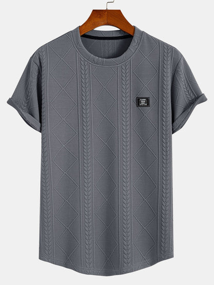 Short Sleeve Geometric Jacquard Arc Hem T-Shirt - gray / S - T-Shirts