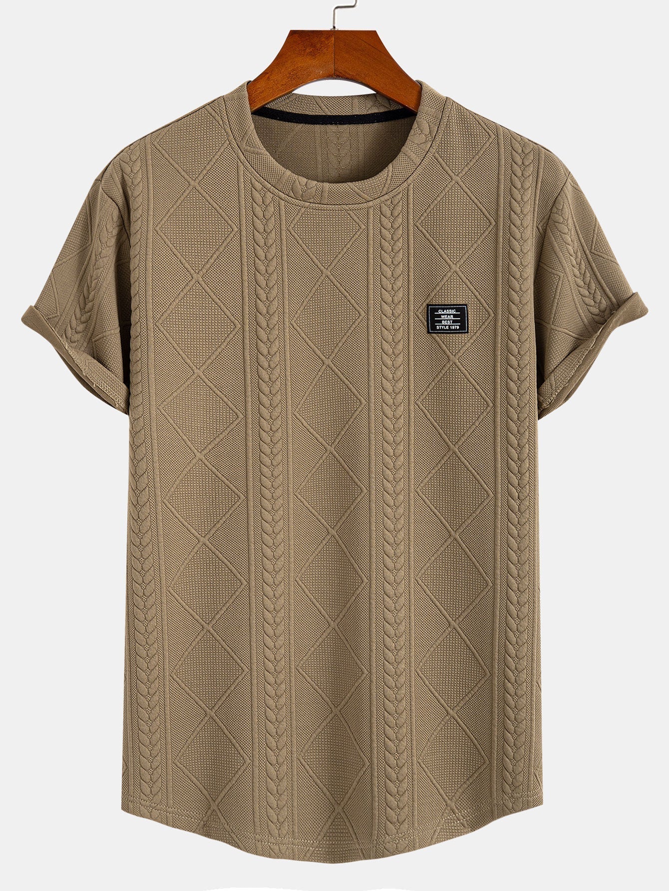 Short Sleeve Geometric Jacquard Arc Hem T-Shirt - tan / S - T-Shirts