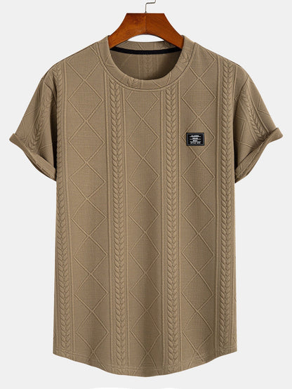Short Sleeve Geometric Jacquard Arc Hem T-Shirt - tan / S - T-Shirts
