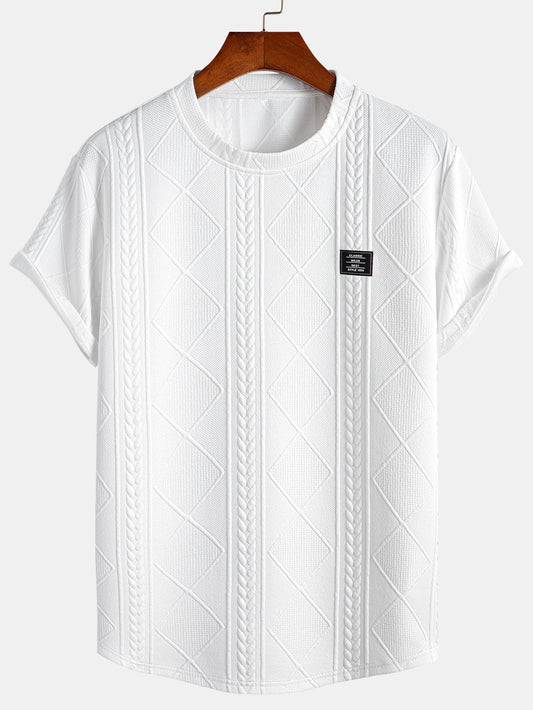 Short Sleeve Geometric Jacquard Arc Hem T-Shirt - white / S - T-Shirts