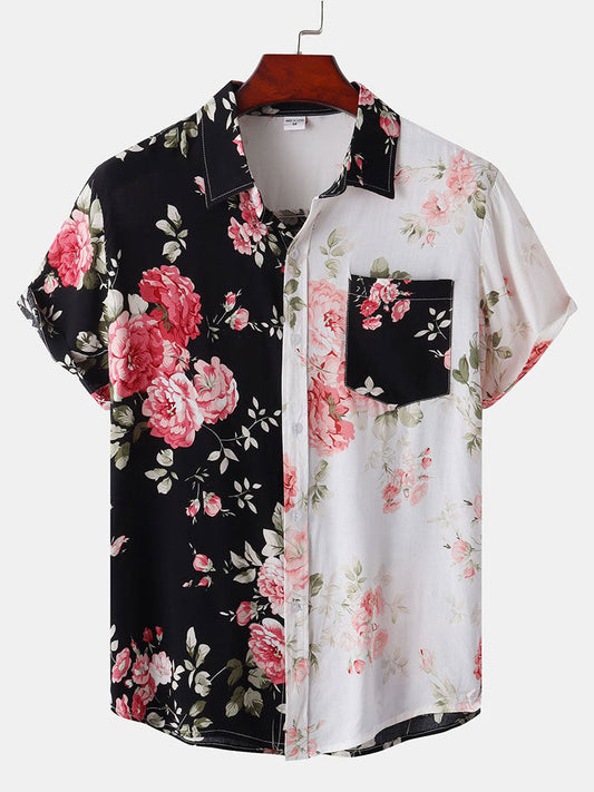 Two Tone Floral Print Shirt - black / S - Shirts