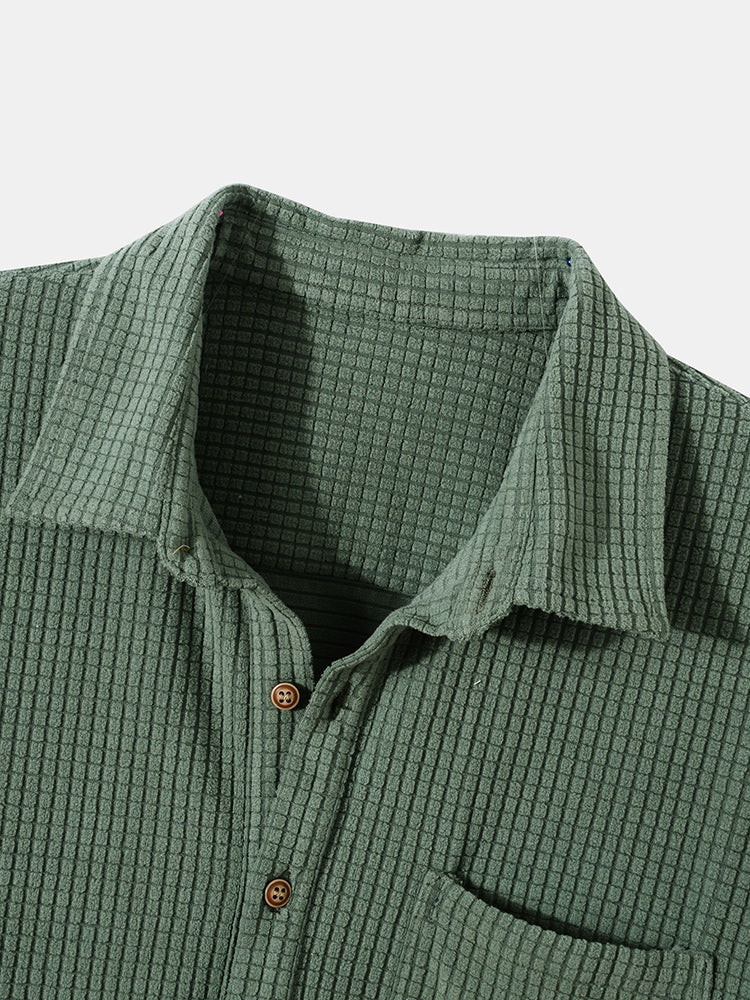 Waffle Lapel Solid Henley Shirts - Shirts