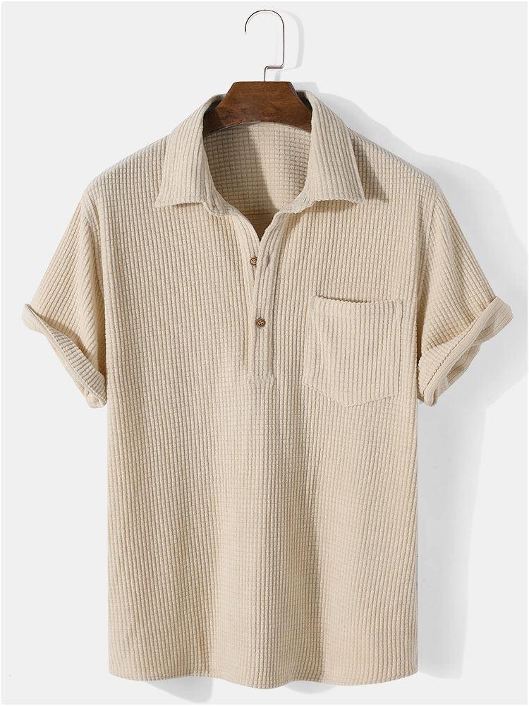 Waffle Lapel Solid Henley Shirts - beige / S - Shirts