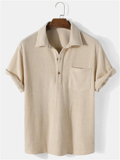 Waffle Lapel Solid Henley Shirts - beige / S - Shirts