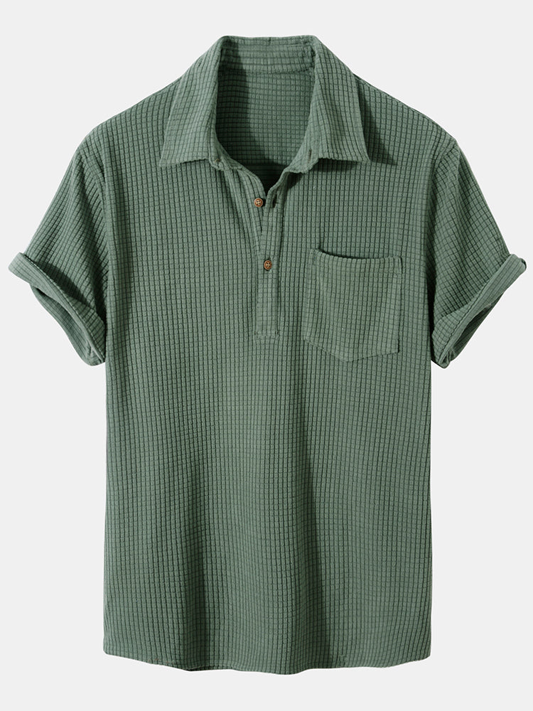 Waffle Lapel Solid Henley Shirts - green / S - Shirts