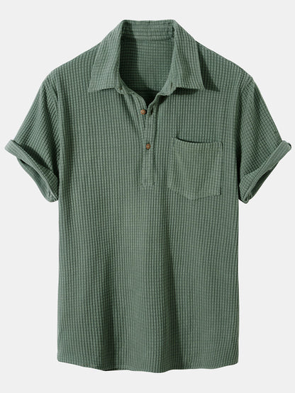 Waffle Lapel Solid Henley Shirts - green / S - Shirts