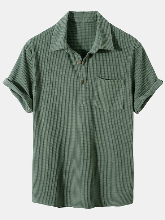 Waffle Lapel Solid Henley Shirts - green / S - Shirts